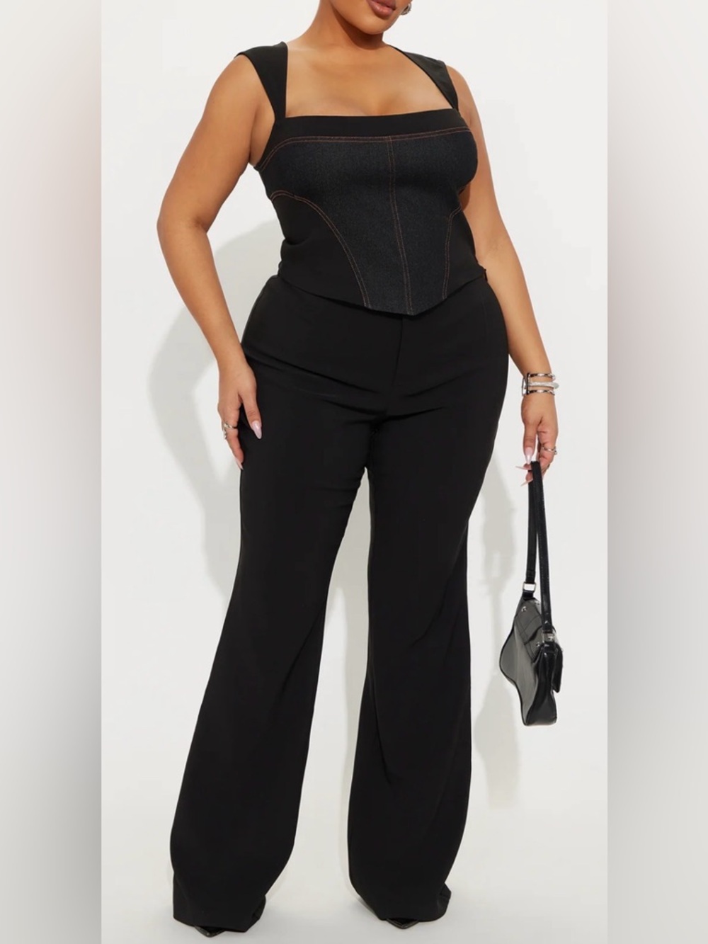 Black Denim-Panel Corset Top & matching pants